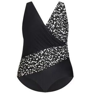 Avenue Black and White One Piece Swimsuit with Spliced IKAT Print Plus Size 20